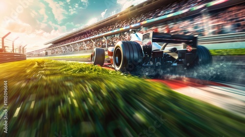 A breathtaking photograph of a race car zooming past a cheering crowd, with a bright green grass background photo