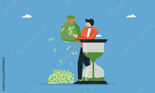 profit that coincides with time business concept, businessman with glass time and money bag