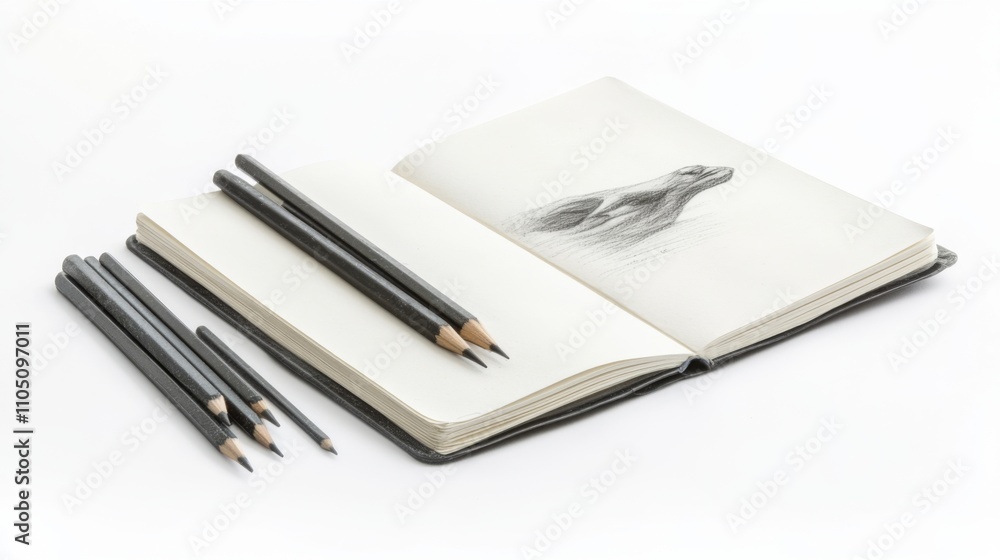 An open sketchbook with a beautiful horse drawing inside. A collection of pencils lies beside it. Perfect for artists and creatives. Generative AI An open sketchbook with a beautiful horse drawing inside. A collection of pencils lies beside it. Perfect for artists and creatives. Generative AI
