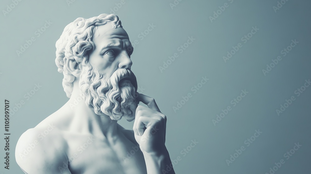 A white marble bust of a man with a beard, thoughtfully resting his chin on his hand, against a blue background. A white marble bust of a man with a beard, thoughtfully resting his chin on his hand, against a blue background.