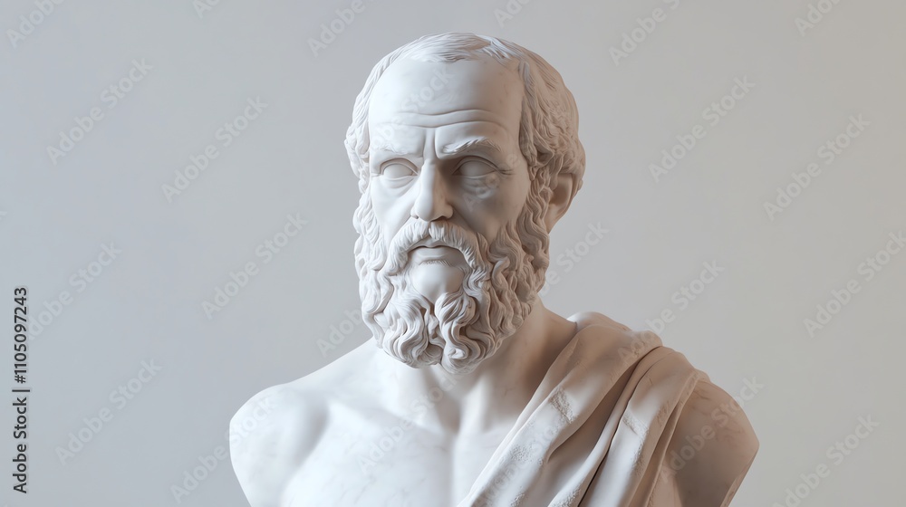 A close-up photo of a white marble bust of a man with a beard. A close-up photo of a white marble bust of a man with a beard.