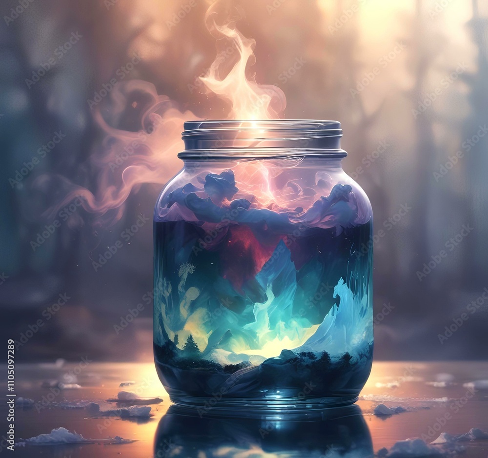 Illustration of glowing and magic dramatic smoke in jar with water reflection. Illustration of glowing and magic dramatic smoke in jar with water reflection.