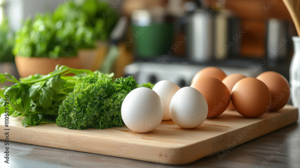 Fresh eggs and green vegetables on wooden cutting board in kitchen setting, showcasing healthy lifestyle and vibrant ingredients Fresh eggs and green vegetables on wooden cutting board in kitchen setting, showcasing healthy lifestyle and vibrant ingredients