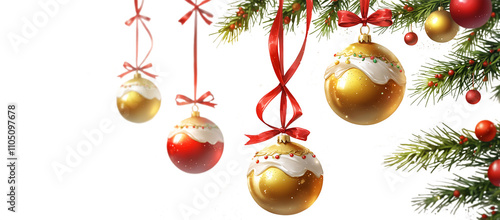 Transparent and .png file in realistic isolated illustration. Christmas and New Year background. Xmas pine fir lush tree. Candy cane from cookies, golden gifts box. Glass Balls hanging on ribbon. Brig