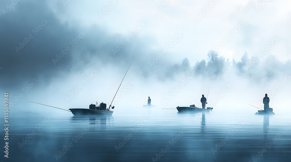 Fototapeta premium Solitary Anglers on a Misty Lake at Dawn