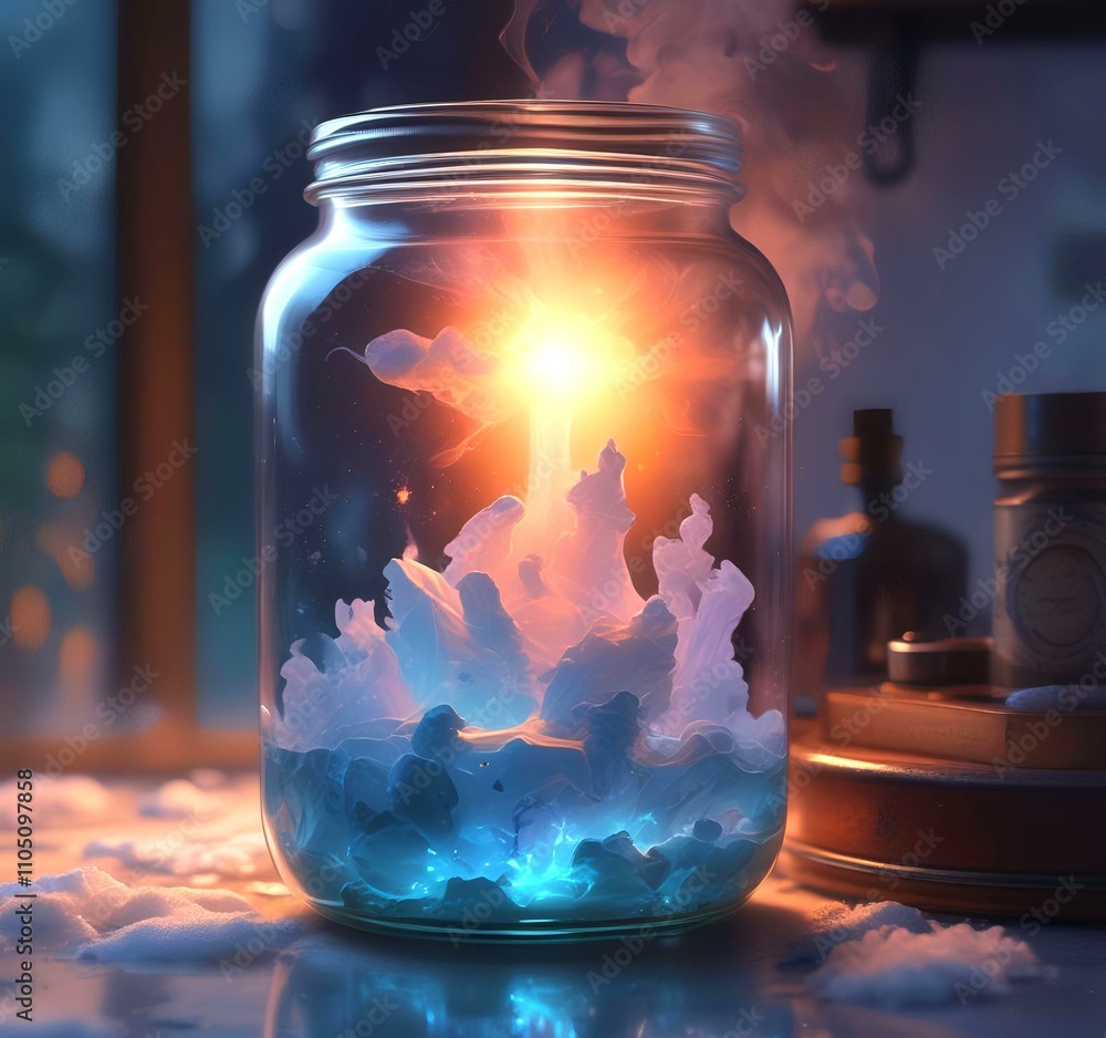Illustration of glowing and magic dramatic smoke in jar with water reflection. Illustration of glowing and magic dramatic smoke in jar with water reflection.