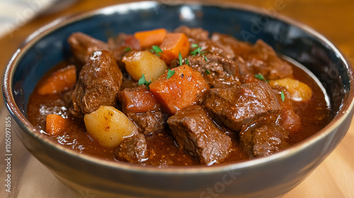 homemade beef stew served on wooden table