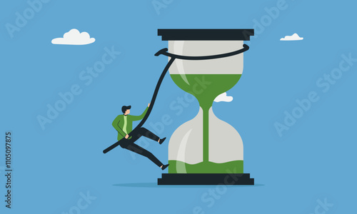 Businessman climbing up sand in hourglass. Concept losing time