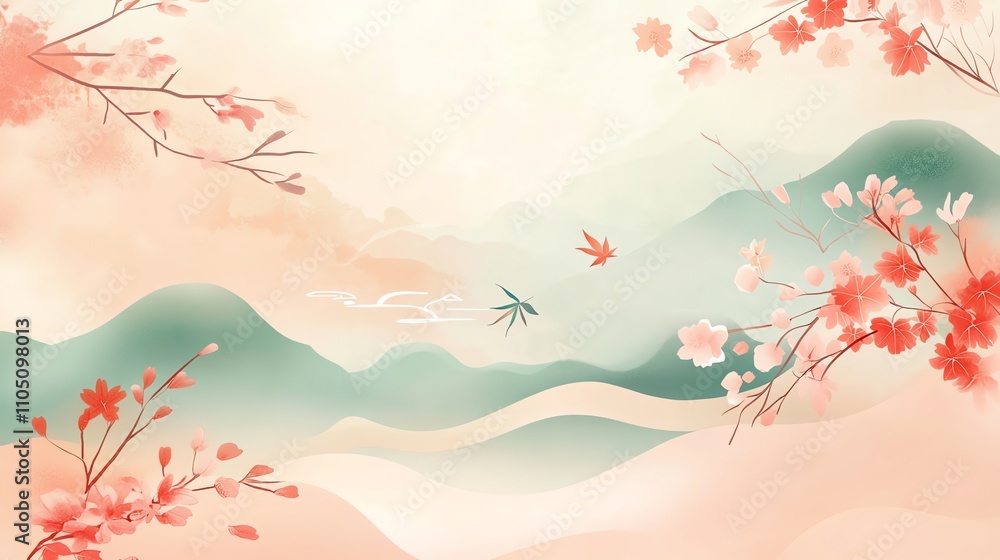 custom made wallpaper toronto digitalWatercolor-style illustration of a delicate Japanese landscape with soft pastel hues.