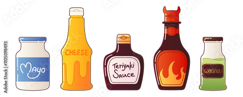 Hot chili sauce bottle for food. Jar with spicy ketchup. Green wasabi condiment and mayonnaise for cooking cute isolated icon drawing. Thai teriyaki packaging with label. Red flame on tomato flavor