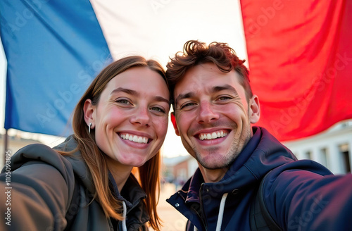 Cheerful selfie of two young people looking at camera smiling, huge flag of France on background. Learn french language, education and travel concept. National holidays: Armistice day, Bastille day.
