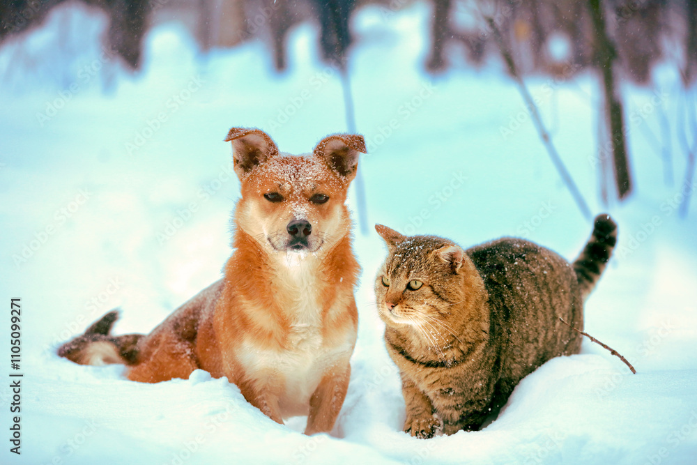 A cat and a dog are sitting in a snowy forest in winter