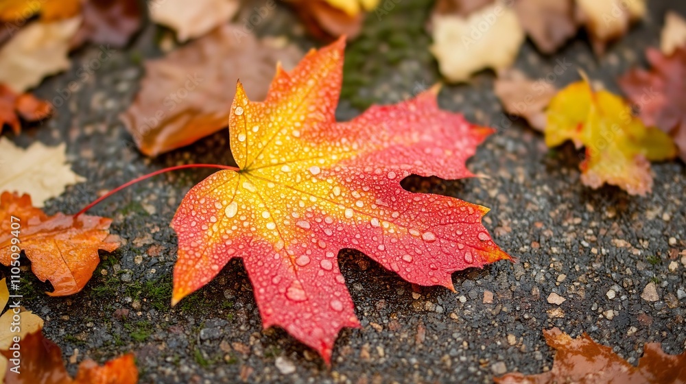 An autumn maple leaf covered in morning dew, lying on the ground with scattered fallen leaves around it An autumn maple leaf covered in morning dew, lying on the ground with scattered fallen leaves around it