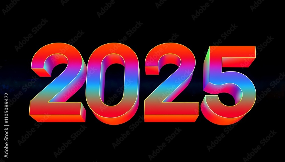 2025 Happy New Year 3d text design on dark background.