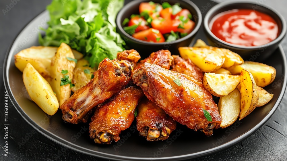 A plate of chicken wings with potato wedges, a bowl of tomato salsa and a bowl of red sauce. A plate of chicken wings with potato wedges, a bowl of tomato salsa and a bowl of red sauce.