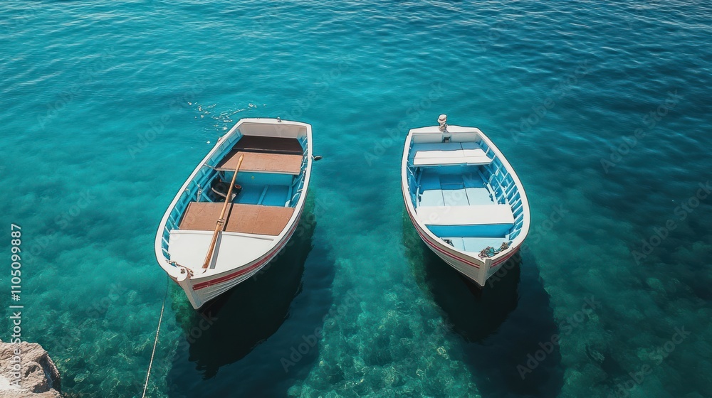 Obraz premium Two small boats floating in clear turquoise water.