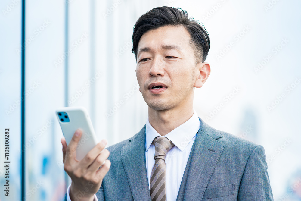 スマートフォンの画面を見る男性