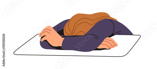 Exhausted frustrated woman resting with head down on table. Overworked tired fatigue female in frustration. Emotional exhaustion, burnout concept. Flat vector illustration isolated on white background