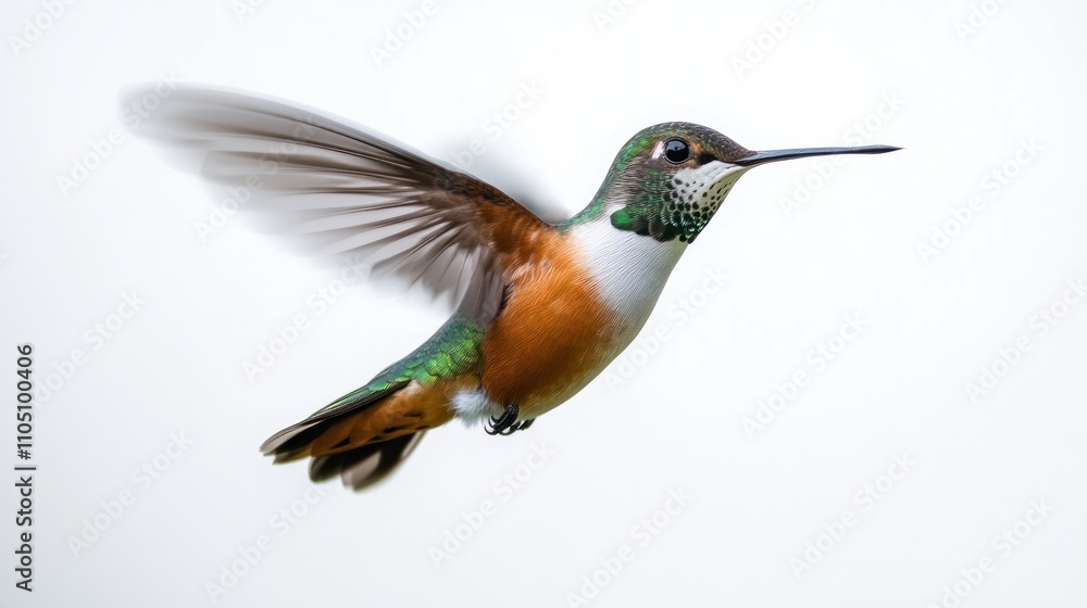 A Rufous breasted hummingbird in flight against a white background A Rufous breasted hummingbird in flight against a white background