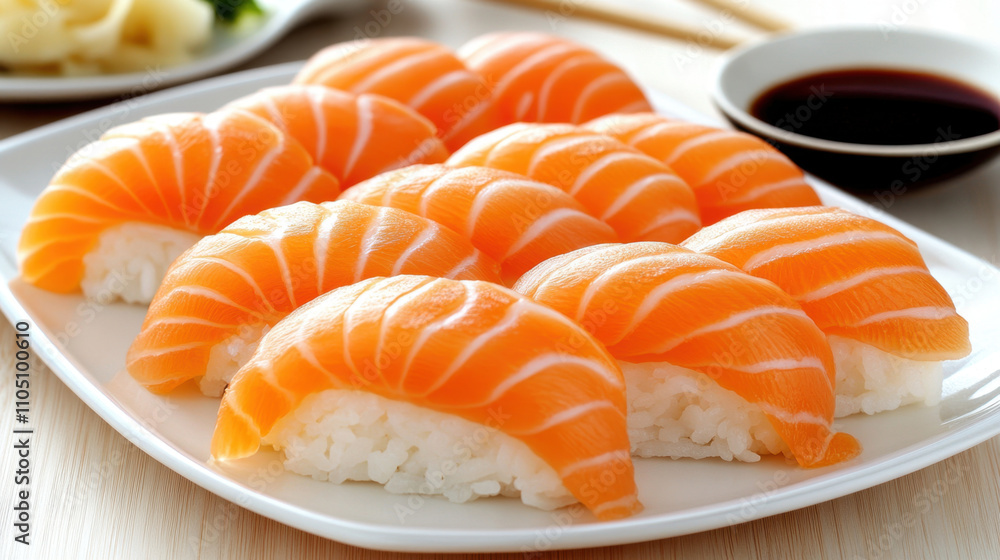 Delicious sushi featuring vibrant salmon slices on rice, served with soy sauce. Perfect for sushi lovers and food enthusiasts! Delicious sushi featuring vibrant salmon slices on rice, served with soy sauce. Perfect for sushi lovers and food enthusiasts!