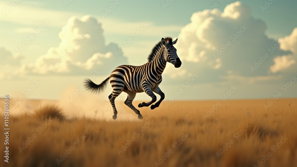 Fototapeta premium Design a dynamic image of a zebra sprinting across the savannah. Capture its powerful legs and flowing mane in motion, with a dramatic sky to convey speed, freedom, and energy.