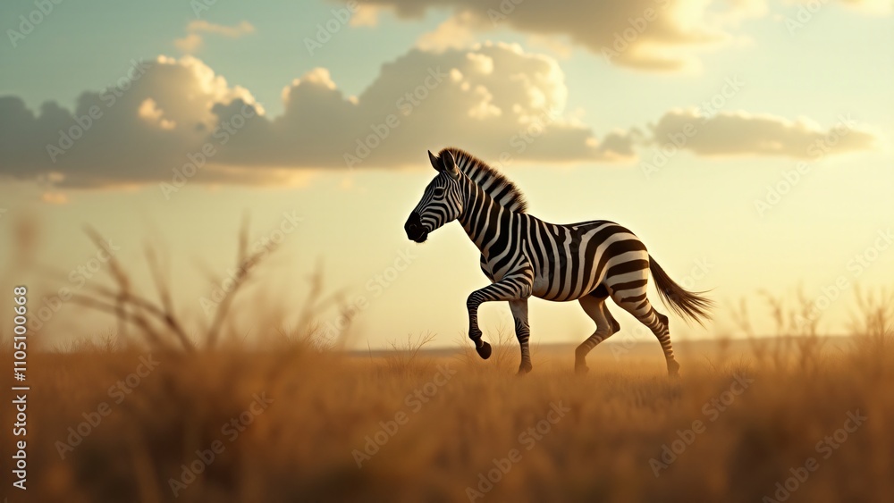 Naklejka premium Design a dynamic image of a zebra sprinting across the savannah. Capture its powerful legs and flowing mane in motion, with a dramatic sky to convey speed, freedom, and energy.
