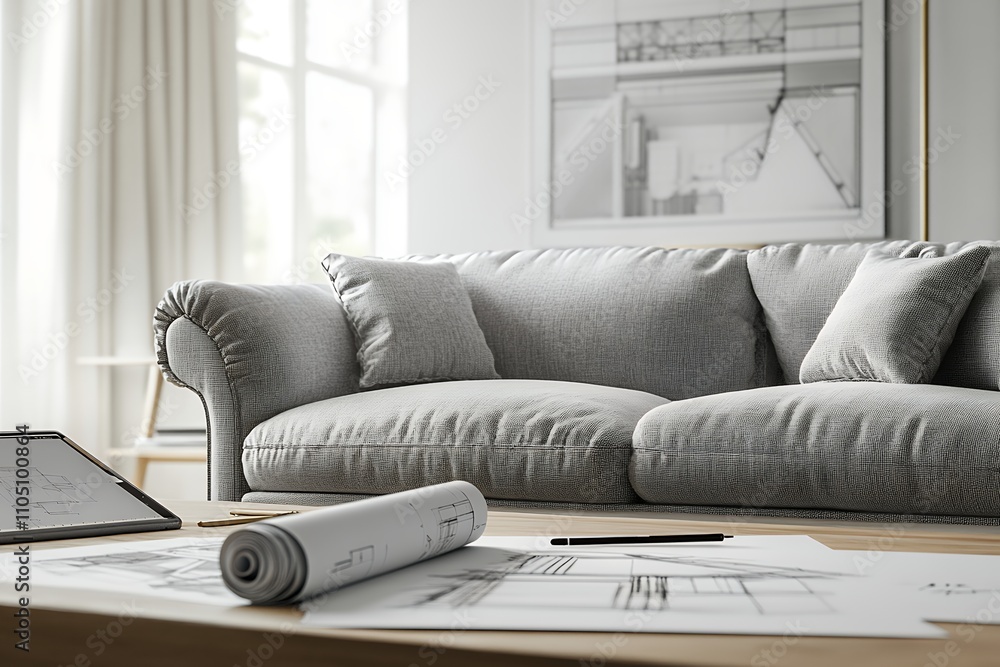 リビングルームのソファと設計図が広がるモダンな空間 | Modern Living Room with Sofa and Open Blueprints リビングルームのソファと設計図が広がるモダンな空間 | Modern Living Room with Sofa and Open Blueprints