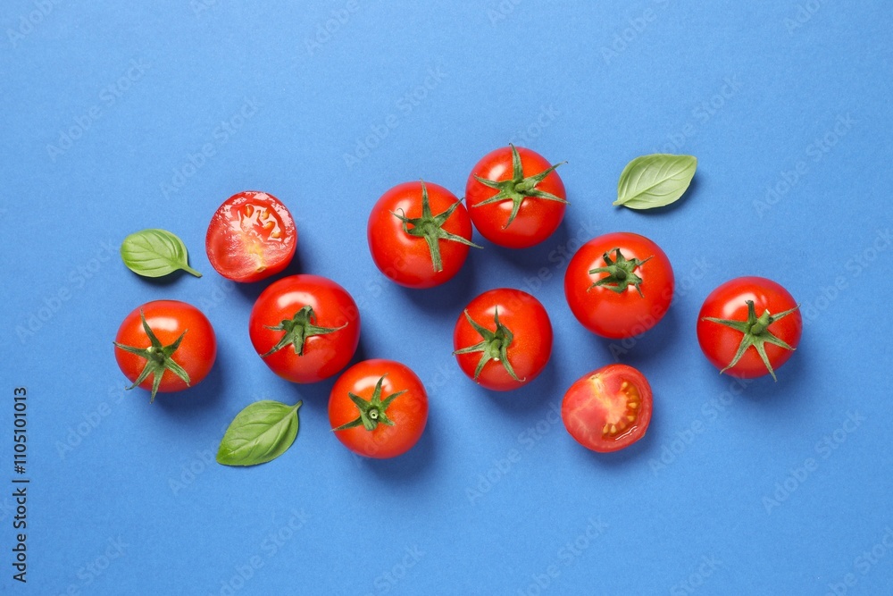 Flat lay composition with fresh cherry tomatoes on color background. Ripe vegetables Flat lay composition with fresh cherry tomatoes on color background. Ripe vegetables
