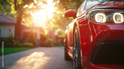 parked red car in sunlit driveway, surrounded by trees and greenery, exudes sense of tranquility and elegance