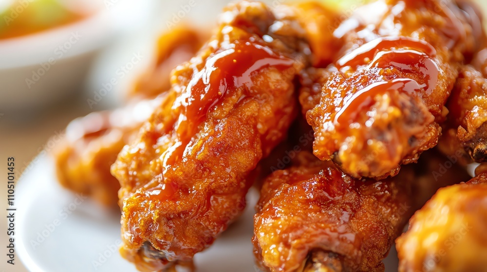 A close-up of crispy fried chicken wings drizzled with red sauce. A close-up of crispy fried chicken wings drizzled with red sauce.