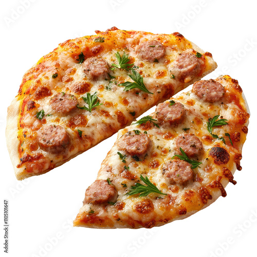 Two slices of pizza topped with sausage, cheese, and herbs.