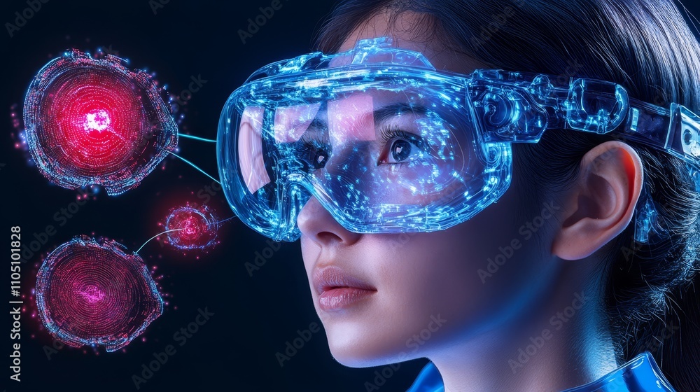 Woman Wearing Futuristic VR Glasses   Digital Data Visualization