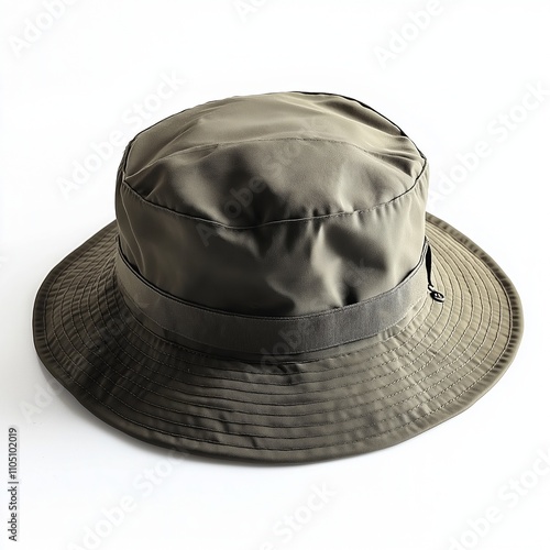 Unisex Wide Brim Sun Hat Summer UV Protection Bucket Hat Foldable Fishing panama. Military green khaki pattern panama hat isolated on white background. with ventilation holes and rivets