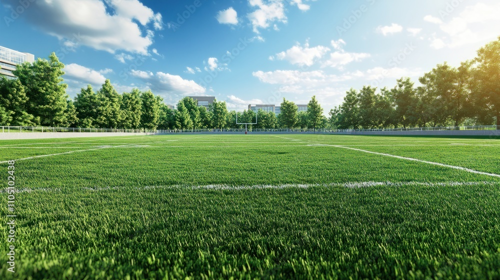 University campus football field with a lush green lawn, ideal for games or events, with ample copy space image for a picturesque scene. University campus football field with a lush green lawn, ideal for games or events, with ample copy space image for a picturesque scene.