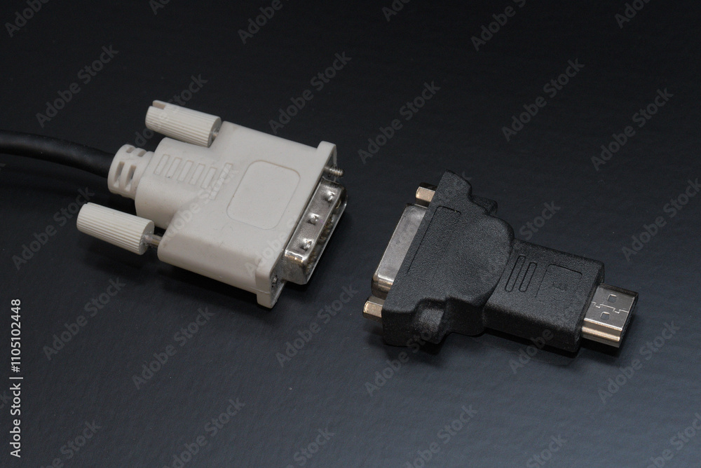 DVI to HDMI adapter closeup on black background, hardware used for converting digital video signals between display devices. Macro shot of DVI to HDMI adapter on black background. Selective focus