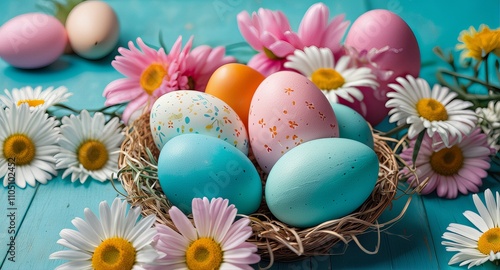 Festive Christmas Eggs on Blue Background 