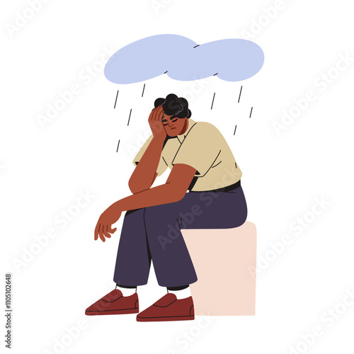 Depressed sad man under rain cloud. Sadness, depression and grief, psychology concept. Gloomy blue mood, sorrow, feeling lonely and frustrated. Flat vector illustration isolated on white background