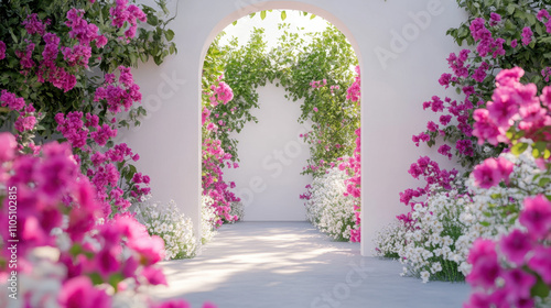 vibrant garden pathway adorned with pink bougainvillea and white flowers creates serene and inviting atmosphere. lush greenery enhances beauty of this floral archway