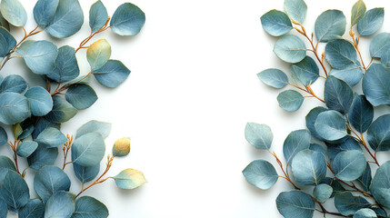 Eucalyptus leaves border on white background, copy space for text.