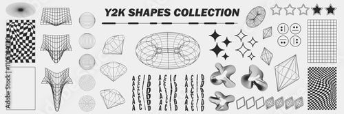 Abstract geometry wireframe shapes and patterns, cyberpunk elements, signs and perspective grids. Surreal geometric retro signs. Rave psychedelic futuristic Y2k acid aesthetic set. Vector illustration