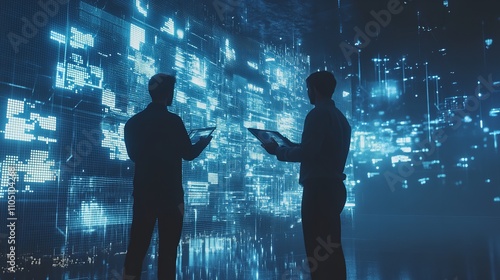 Wallpaper Mural Businessman looking at futuristic screen with glowing hologram charts graphs business data in dark room Caucasian male in suit Torontodigital.ca