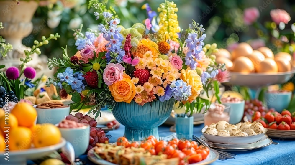 A fresh and colorful table setup with spring flowers, light snacks, and garden-themed decorations A fresh and colorful table setup with spring flowers, light snacks, and garden-themed decorations
