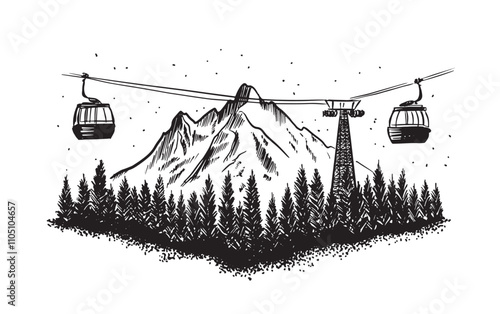 Ski lift in the mountains on white, hand drawn.	