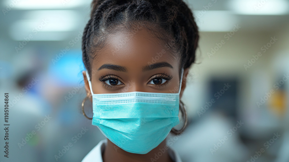 Masked Beauty: Girl in Protective Face Mask with Blurred Backdrop Masked Beauty: Girl in Protective Face Mask with Blurred Backdrop