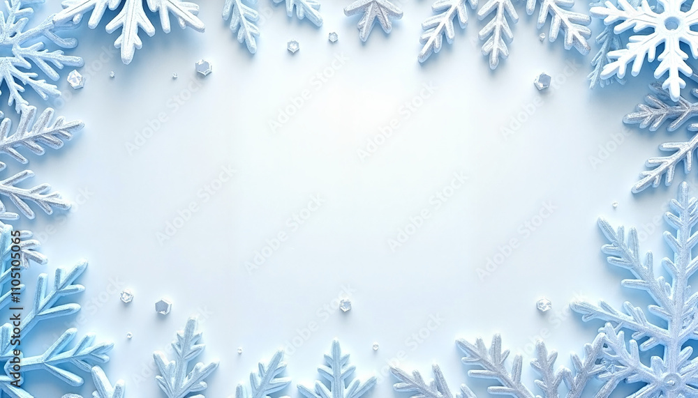 Background with Sparkling Blue and Silver Snowflakes Forming an Elegant Frame Around a Soft White Center, Frosty and Glamorous Background with Sparkling Blue and Silver Snowflakes Forming an Elegant Frame Around a Soft White Center, Frosty and Glamorous