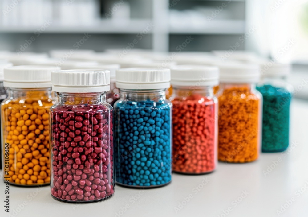 Colorful jars filled with vibrant pellets. Colorful jars filled with vibrant pellets.