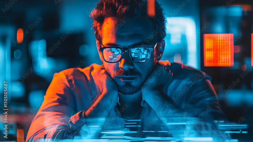 A focused individual in glasses, contemplating amidst a futuristic, illuminated environment. A focused individual in glasses, contemplating amidst a futuristic, illuminated environment.