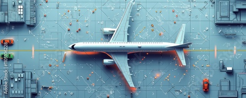 Aerial view of airport with airplane and cargo containers