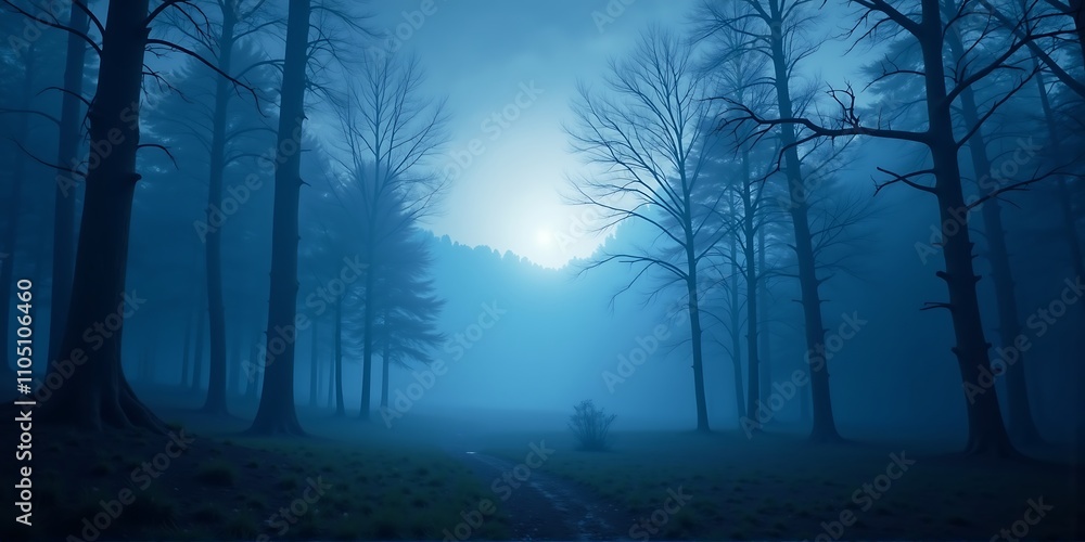 Misty forest with silhouettes of trees against a blue backdrop, evoking tranquility and mystery Misty forest with silhouettes of trees against a blue backdrop, evoking tranquility and mystery