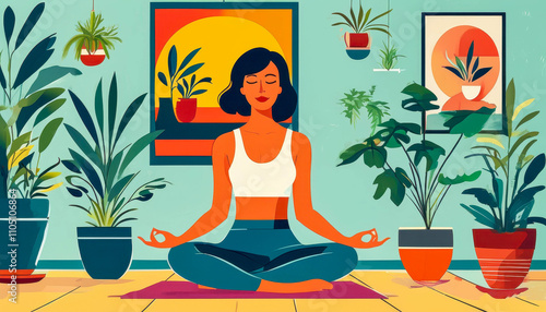 Wallpaper Mural Woman meditating, with plants in the house, calming colors. Torontodigital.ca